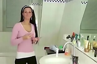 German Step-Sister Caught in Bathroom and Helps with Handjob