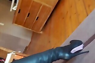 julie skyhigh fitting her leather catsuit & thigh high boots 3 min