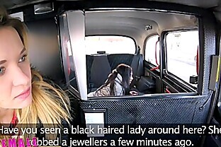 Female Fake Taxi Pretty brunette has 1st lesbian orgasm with strap-on cock