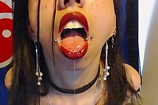 Goth with Red Lipstick Drools a Whole Lot and Blows Spit Bubbles at You - Spit and Saliva and Lipstick Fetish