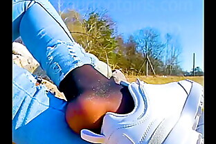 Shoeplay Dipping Girl slips out of her sweaty stinky Nylons sneakers Feet footfetish clip video foot toe