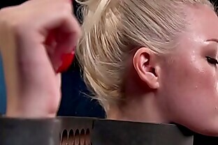 Blonde in device bondage rides Sybian
