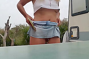nippleringlover horny milf flashing pierced pussy small boobs with extreme big nipple piercings outdoors