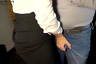 secretary humiliating her boss with hand, blow and bootjob until he pees in his jeans - business-bitch