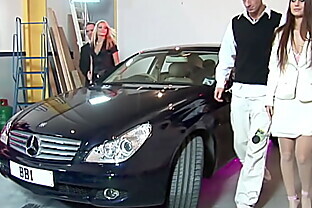 Two Blondes And A Brunette Visit Men In The Garage