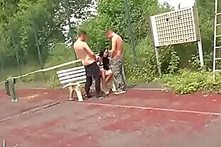 Amateur skinny french slut fucked in 3some on a tennis court