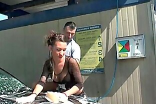 Beautiful french brunette in fishnet anal fucked outdoor at the carwash