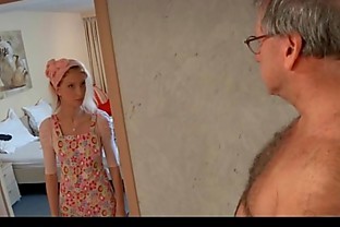 Horny hotel maid fucks an oldman customer