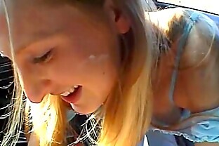 Amateur girlfriend blowjob in a car with cum in mouth