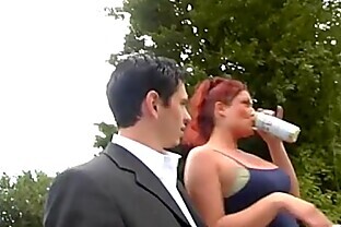 busty german redhead in outdoor threesome